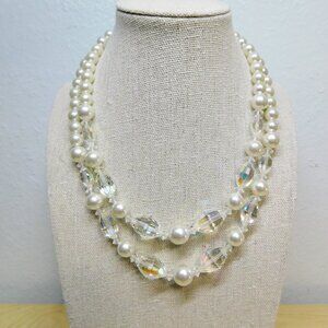 Vintage Pearlcraft Double Stranded Faux Pearl & Beaded Necklace & Earrin…